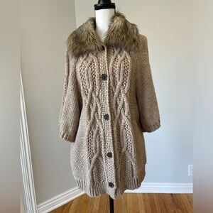 Loft button front cardigan with alpaca and wool faux fur collar neutral mob wife